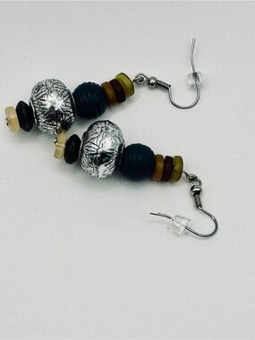 Silver-Tone Bead Drop Earrings with Olive, Dark Teal, and Brown Accents